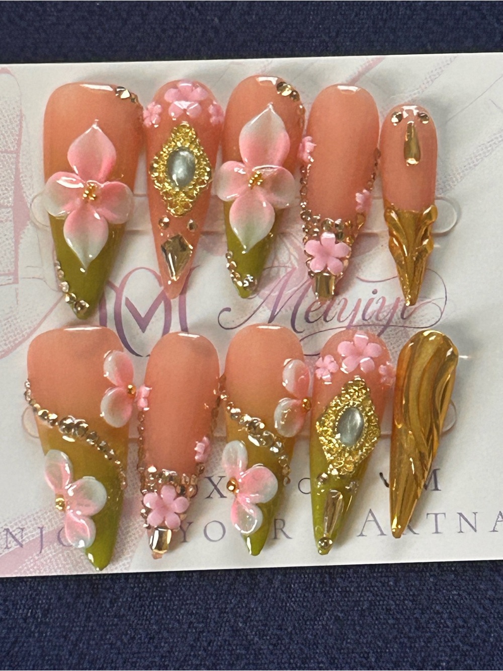 Peach Pink Floral 3D Gel Press-On Nails with Gold Accents